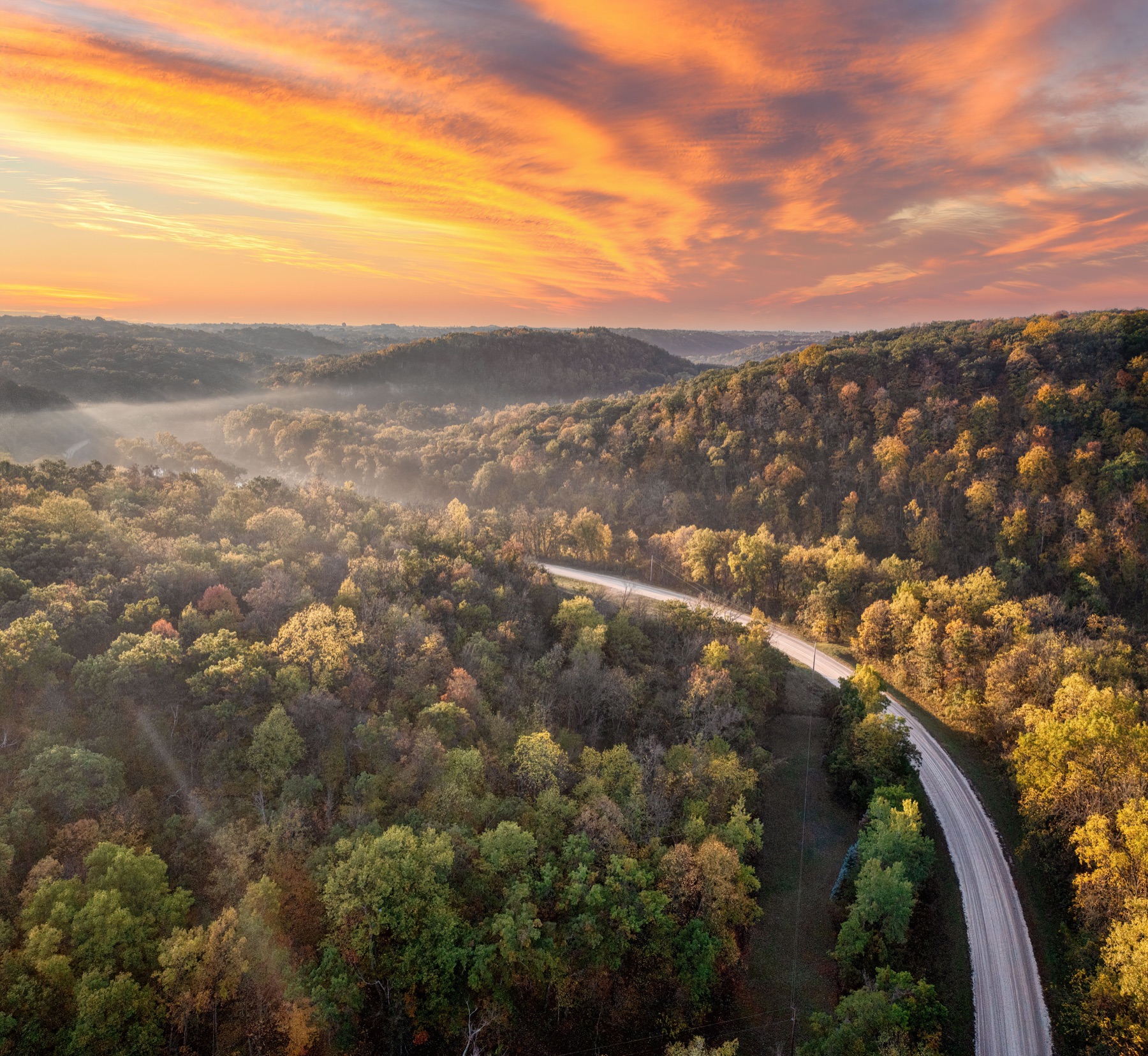 A back road through Brown County hills at sunrise, Indiana